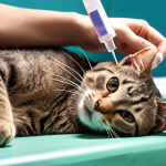 **

A veterinarian gently administering a subcutaneous injection to a calm cat on an examination table. The cat is lying comfortably. Focus on proper technique, cleanliness, and a reassuring atmosphere. Syringe, antiseptic wipes, and medical instruments are visible in the background.

**