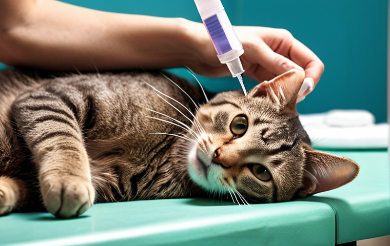 **

A veterinarian gently administering a subcutaneous injection to a calm cat on an examination table. The cat is lying comfortably. Focus on proper technique, cleanliness, and a reassuring atmosphere. Syringe, antiseptic wipes, and medical instruments are visible in the background.

**